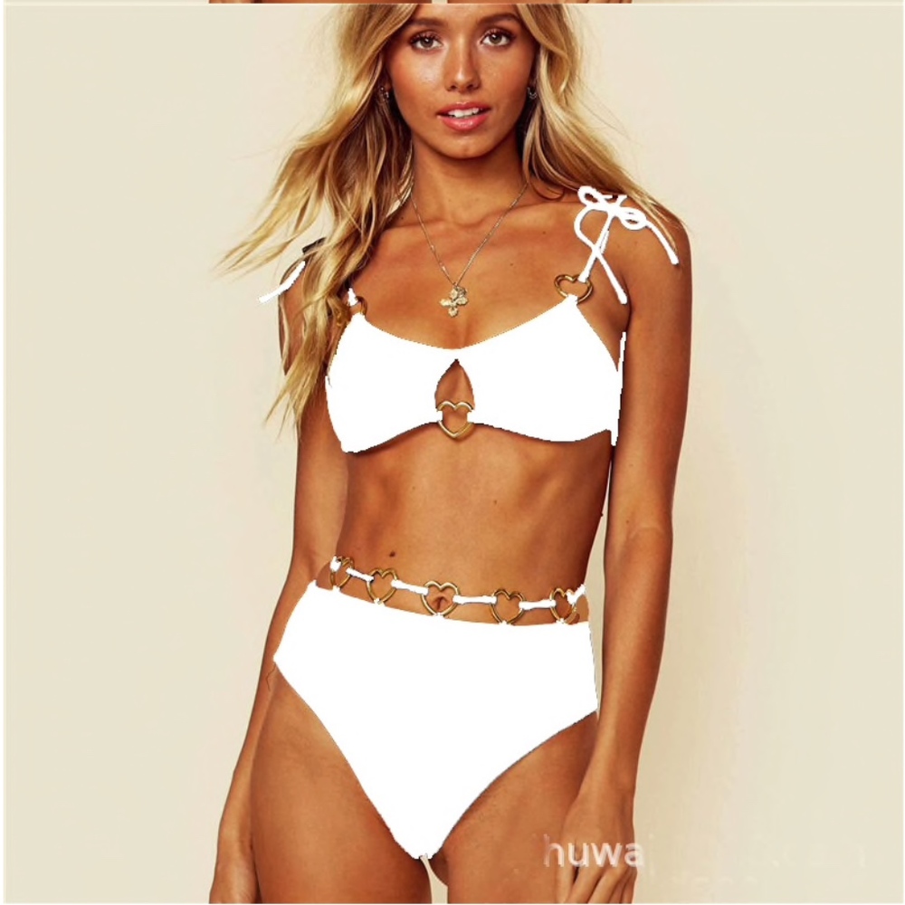 White Padded Heart Strappy Bikini Swim Suit